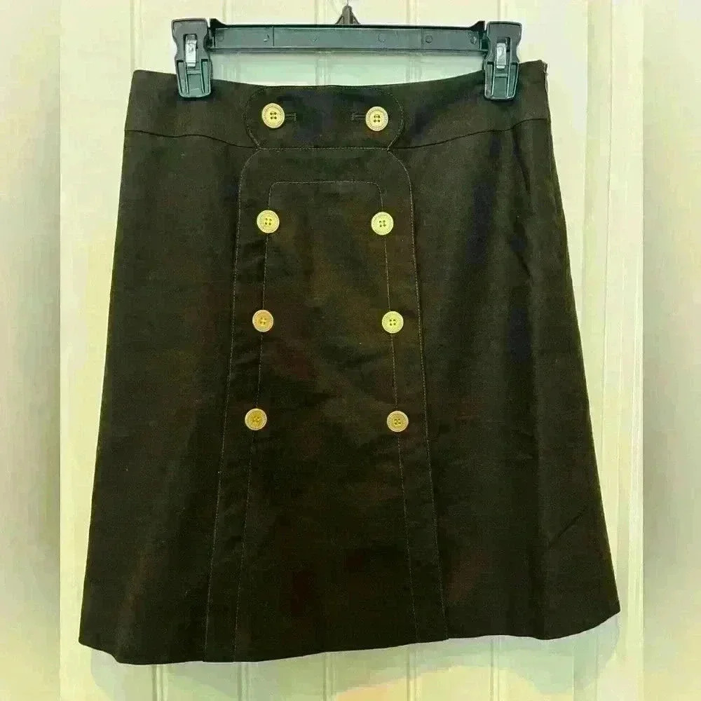 J.McLaughlin Dark Brown Lined Skirt Ladies Size 2 Gold Buttons Zip Side Fall Chi